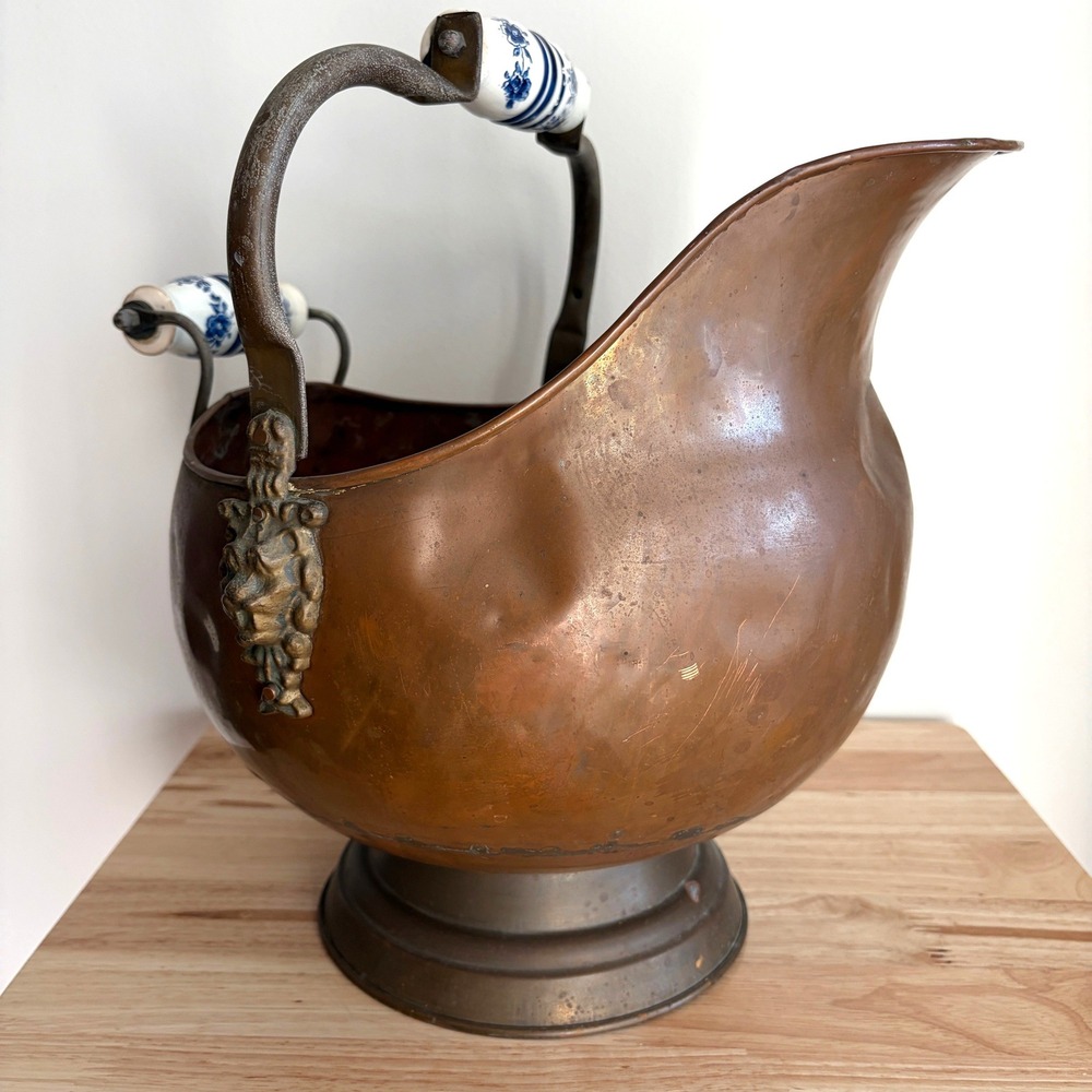 Vintage Copper Coal Scuttle Helmet Bucket Lion Head Brass Porcelain Handles 13in